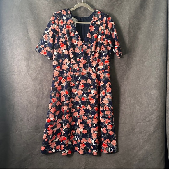 Donna Morgan Piqué Floral Fit & Flare Dress Navy Coral Size 14 Cocktail Wedding - Picture 7 of 13